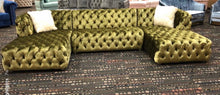Load image into Gallery viewer, Sensational 3-PC Double-Chaise Velvet Sectional in Green, Gray, Blue and Black colors.