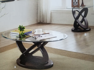 3-pc Coffee Table/End Table Set with tempered oval glass top and appealing geometrical espresso finish base design