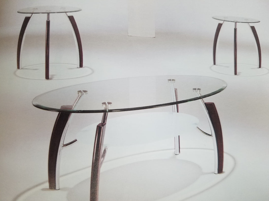 Modern style clear oval glass Coffee Table set with double deck and brown cherry finish legs 