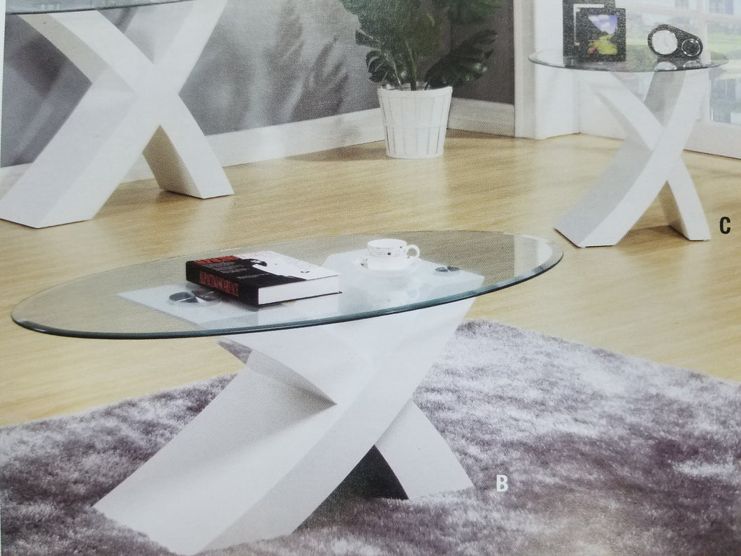 Modern style Coffee Table/End Tables Set with thick clear oval glass top and exquisite white geometric base design