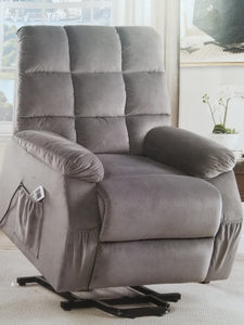 Gray Velvet Power Recliner with Lift and Massage features, user-friendly.