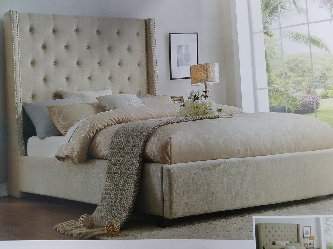 Beige Queen Upholstered Bed in 100% polyester 