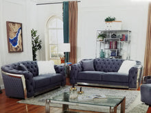 Load image into Gallery viewer, Stunning 2-PC Sofa/Love Seat Set in Gray Tufted Velvet, with Silver Metallic Trims