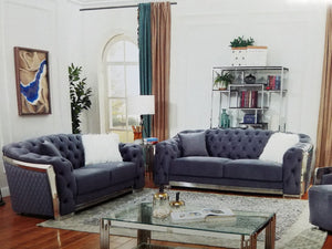 Stunning 2-PC Sofa/Love Seat Set in Gray Tufted Velvet, with Silver Metallic Trims