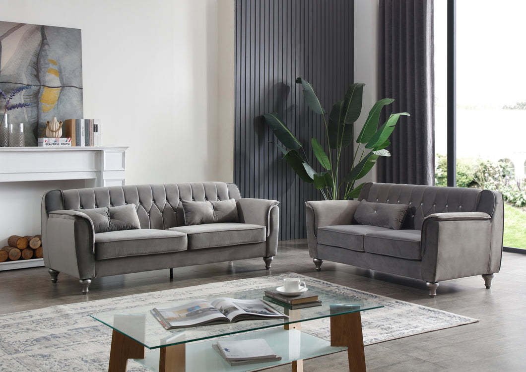 Exquisite 2-PC Living Room Set, in Gray Crystal Button Tufted Velvet Fabric.