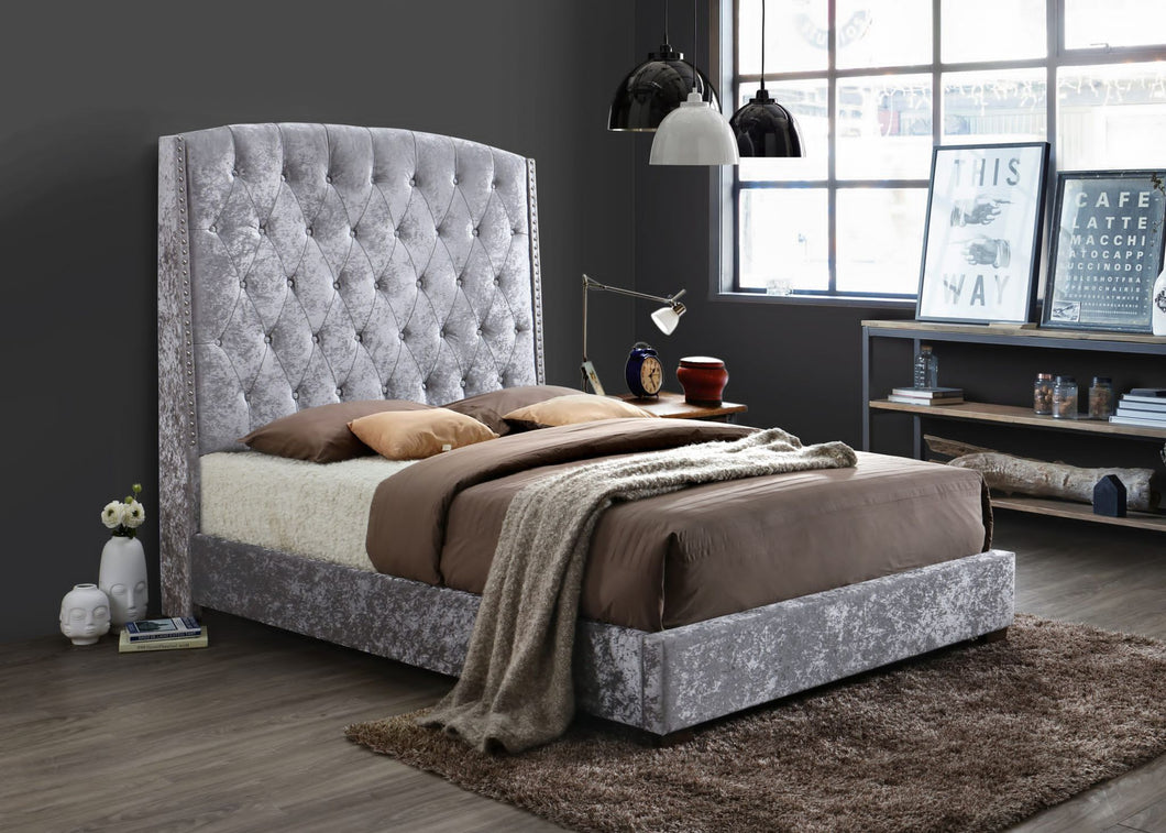 Exquisite Queen Tall-Headboard Upholstered Bed, in Tufted Velvet Fabric, and Gray, Blue and Black colors.