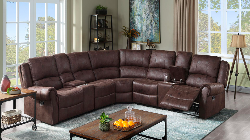 Excellent 3-PC Motion Sectional, in thoughtful Crackled Dark Brown Suede Fabric for longer-lasting.
