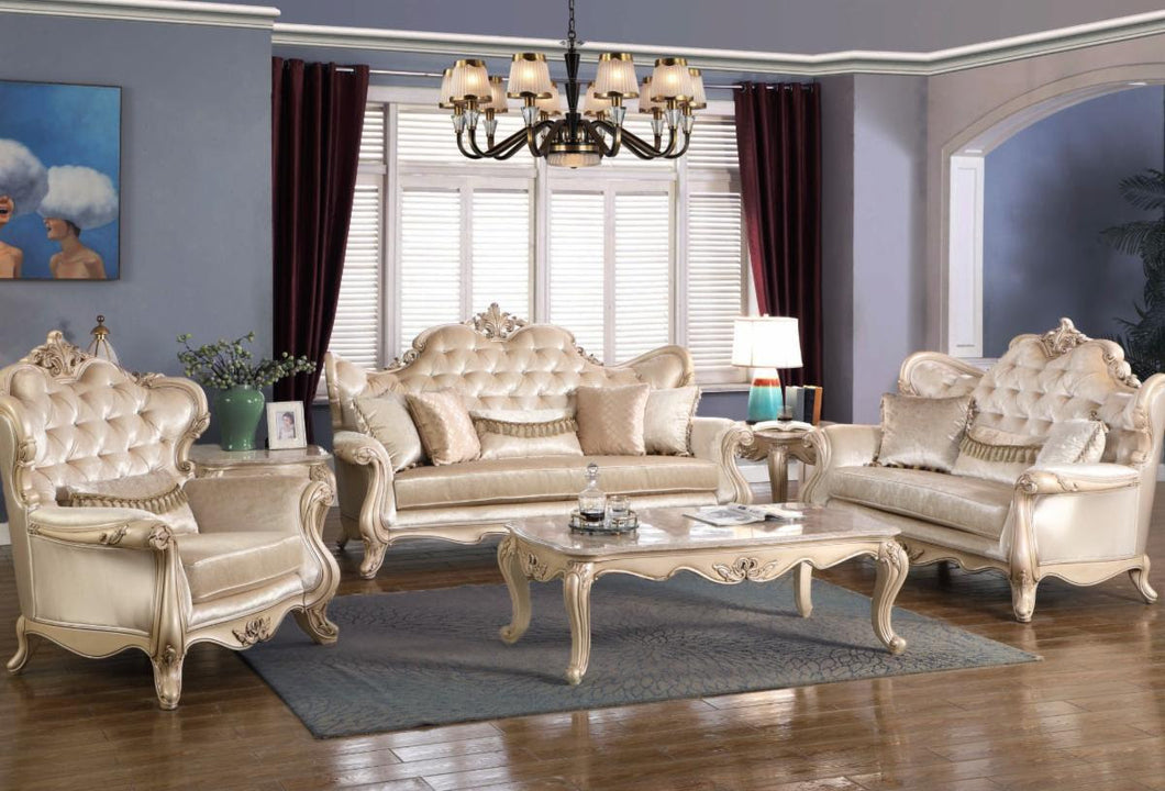 Exquisite 3-PC Traditional Living Room Set in Silky Off-White Flowery Fabric with 3 matching Marble Tables. 