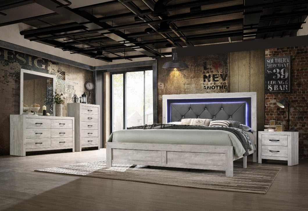 Incredible Queen Led Bedroom Set in Light Grey, with Upholstered Crystal-Button Tufted Headboard.d