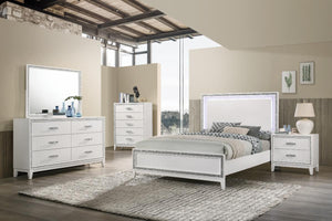 Pristine White 5-PC Bedroom Set with LED and Silver Trim Accent