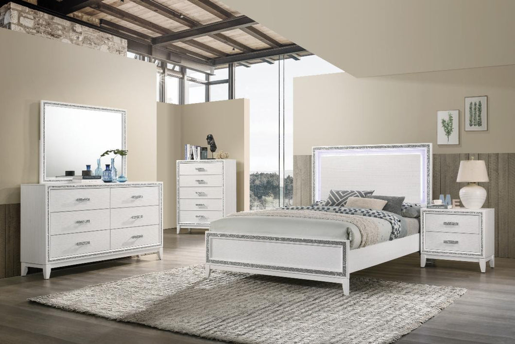 Pristine White 5-PC Bedroom Set with LED and Silver Trim Accent