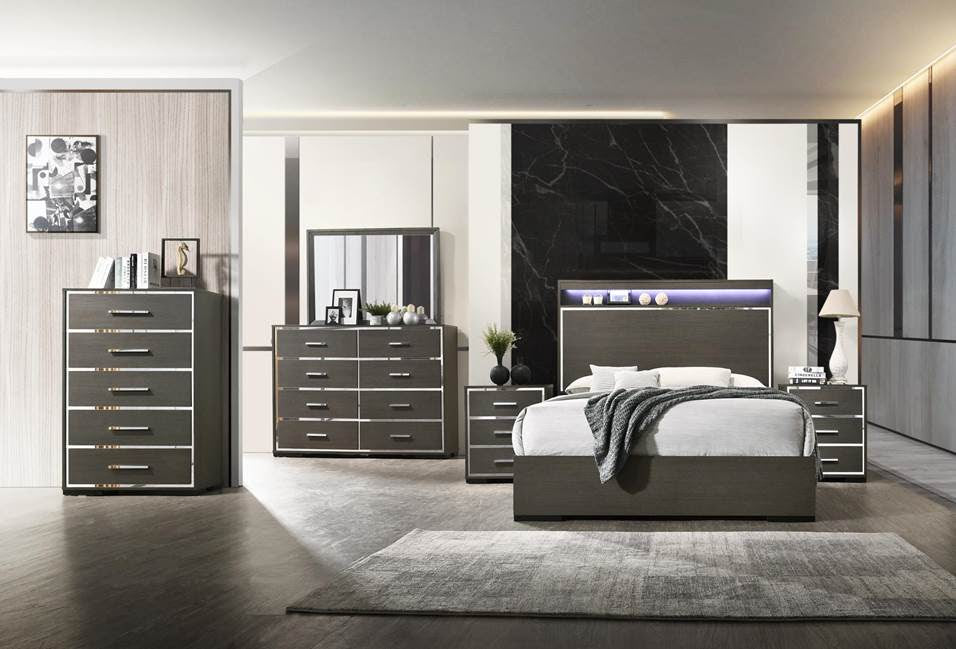 Fantastic 5-PC Queen LED Bedroom SET, in shining Gray Oak Finish