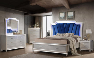 Superb LED Glam Bedroom Set in Silver color and Blue Velvet Headboard.