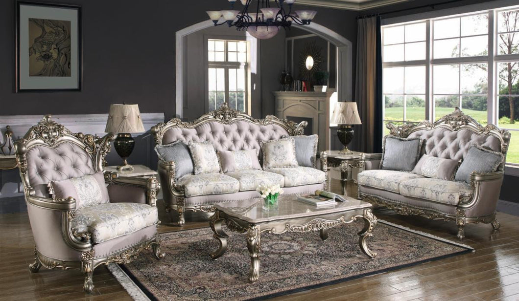 Exquisite 3-PC Traditional Living Room Set in a Silky Silver Flowery Fabric, with 3 Matching Marble Tables. 