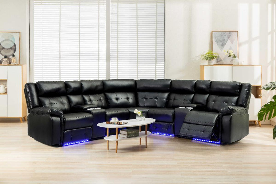 Spectacular Power Motion Leather Sectional in Black, with 2 Power Recliners and 2 Consoles