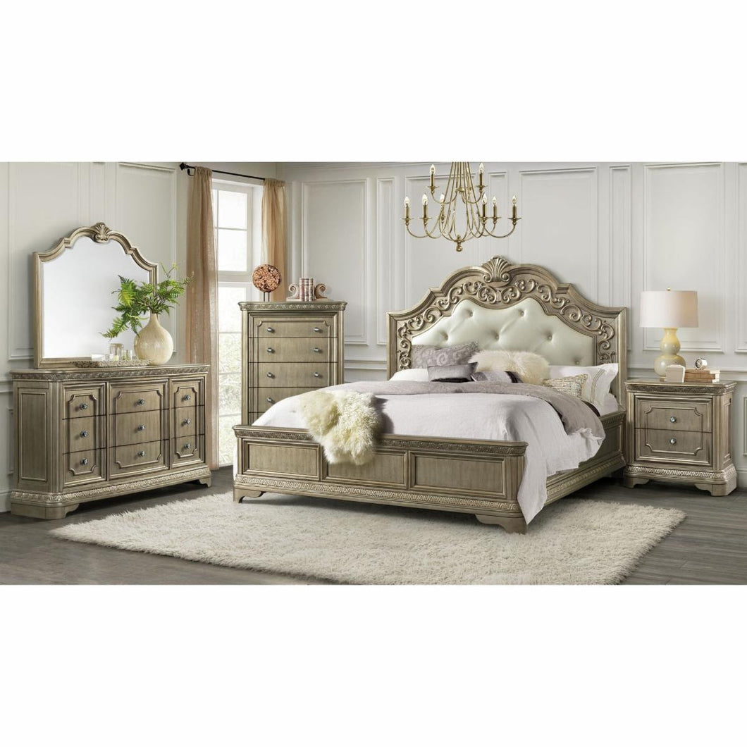 Splendid Gold Finish 5-PC Bedroom Set in solid Oak Wood and Oak Veneer