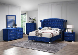 Exquisite 5-PC Queen Crystal Button Tufted Velvet Bedroom Set, in Blue, Black and Gray colors.