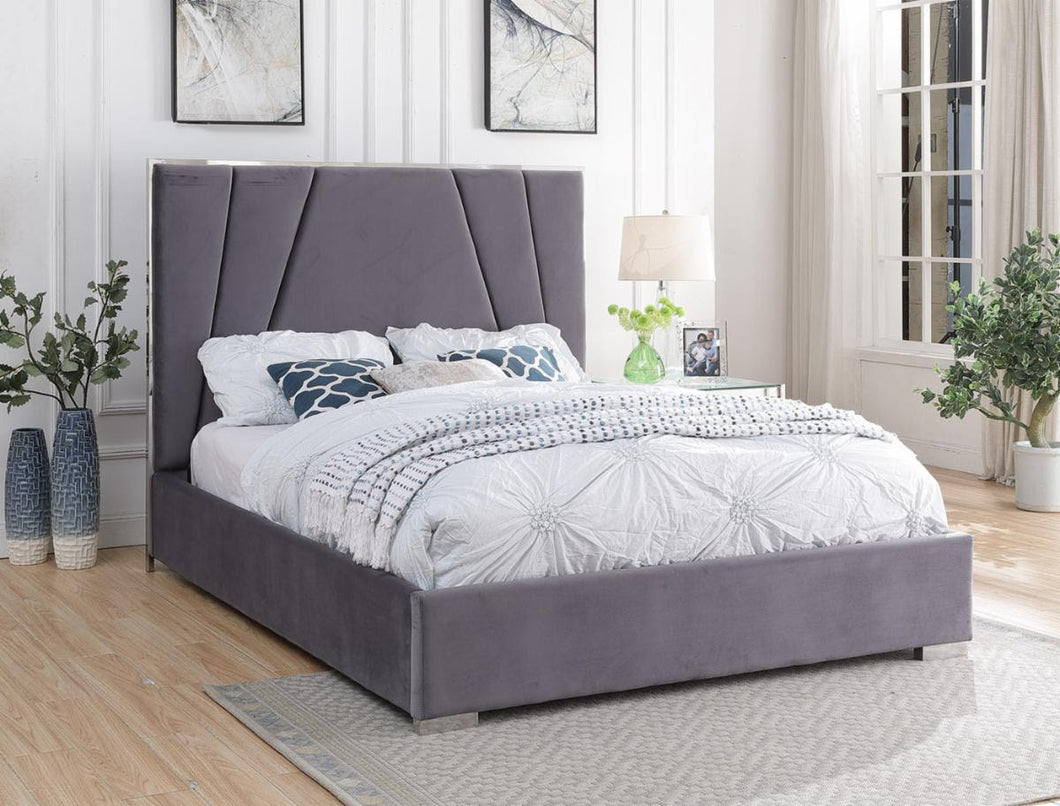Luscious Queen Upholstered Bed, in a spectacular Velvet Fabric with gray color 
