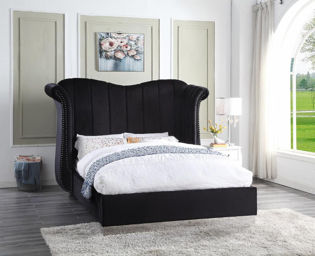 Ultra stylish Queen Upholstered Bed, in a black Velvet Fabric with nailheads