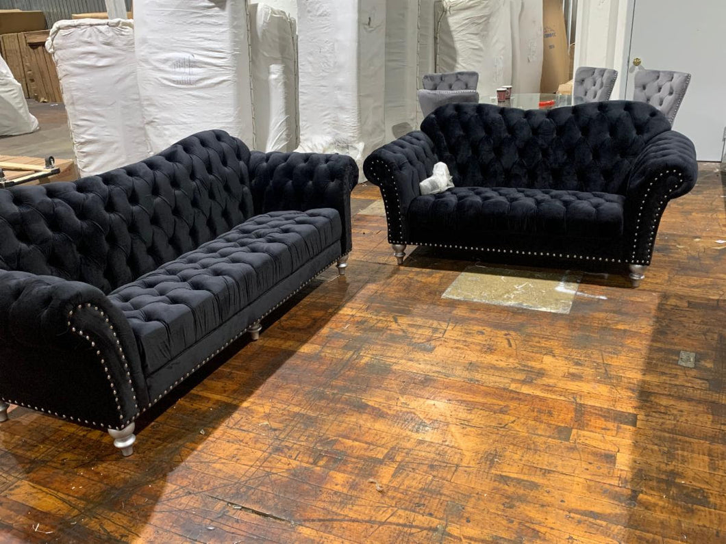 Stylish Velvet Living Room in Black, Blue or Grey.